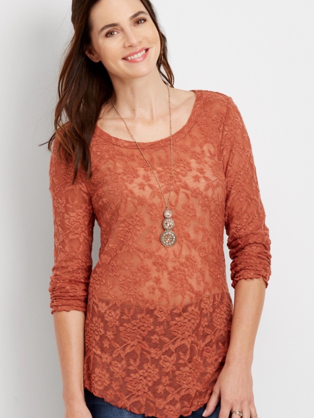 Maurices Rust RTV 24/7 Long Sleeve Lace Tee